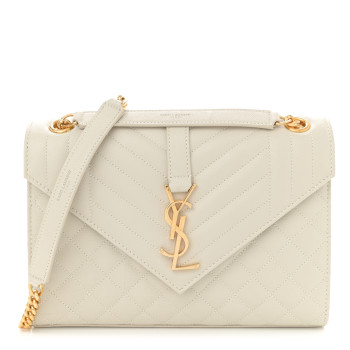SAINT LAURENT Grain De Poudre Textured Mixed Matelasse Medium Triquilt Monogram Satchel Crema Soft