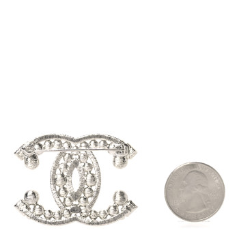 CHANEL Metal Crystal CC Brooch Silver
