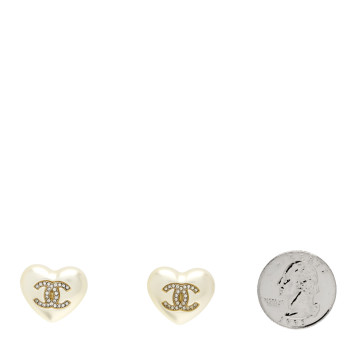 CHANEL Pearl Crystal CC Heart Earrings Gold