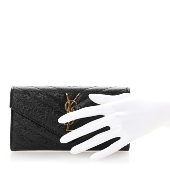SAINT LAURENT Grain De Poudre Matelasse Chevron Monogram Flap Wallet Black