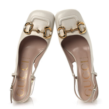GUCCI Malaga Kid Horsebit 75mm Slingback Pumps 39.5 Mystic White