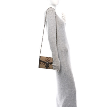 GUCCI Monogram Jumbo GG Textured Dollar Calfskin Mini Dionysus Chain Wallet Camel Ebony New Acero
