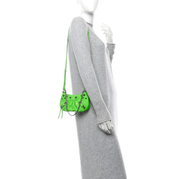 BALENCIAGA Extra Supple Calfskin Crocodile Embossed Le Cagole Mini Purse With Chain Acid Green