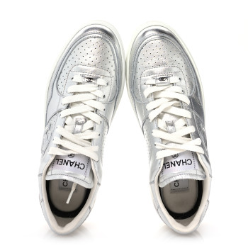 CHANEL Laminated Calfskin CC Womens Sneakers 38.5 Silver