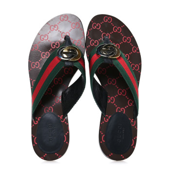 GUCCI Nylon Calfskin Web GG Monogram Womens Thong Sandals 39 Green Red Cocoa