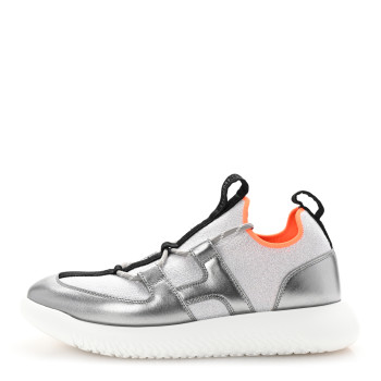HERMES Knit Metallic Calfskin Womens Duel Sneakers 37.5 Argent Orange Black