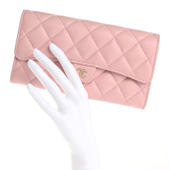 CHANEL Caviar Quilted Large Gusset Flap Wallet Light Pink
