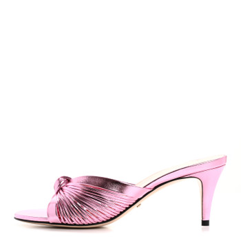 GUCCI Metallic Nappa Crawford Knot Mid Heel Slide Sandals 37 Rosa