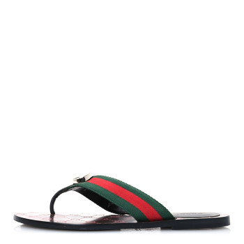 GUCCI Nylon Calfskin Web GG Monogram Womens Thong Sandals 39 Green Red Cocoa