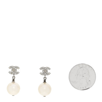 CHANEL Crystal Pearl CC Drop Earrings Silver Pearly White