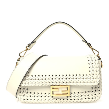 FENDI Vitello King Ceylon Woven Baguette White Ice