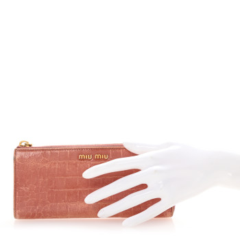 MIU MIU Vernice Crocodile Embossed Calfskin Zip Around Wallet Antico