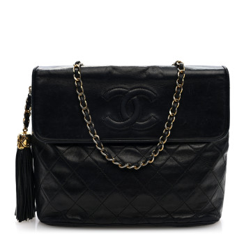 CHANEL Lambskin Quilted CC Tassel Shoulder Flap Bag Black
