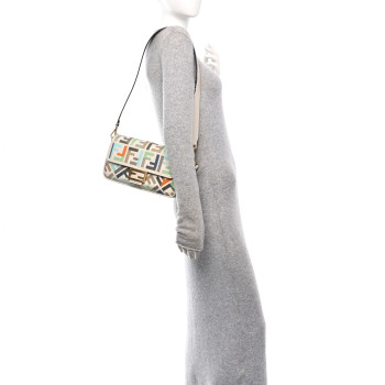 FENDI Canvas Vitello Seta FF Multicolor Embroidered Baguette Grezzo Multicolor Latte