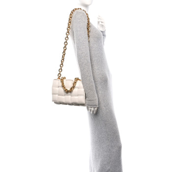 BOTTEGA VENETA Lambskin Maxi Intreccio Padded Chain Cassette Crossbody Bag White