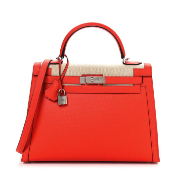 HERMES Berline Toile Swift Kelly Sellier 32 Orange Mecano Ecru
