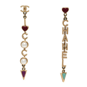 CHANEL Pearl Enamel Logo Long Drop Earrings Gold