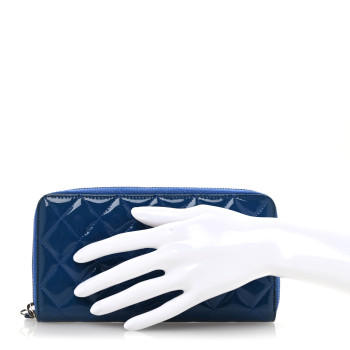 CHANEL Patent Calfskin Quilted Large Gusset Zip Around Wallet Blue