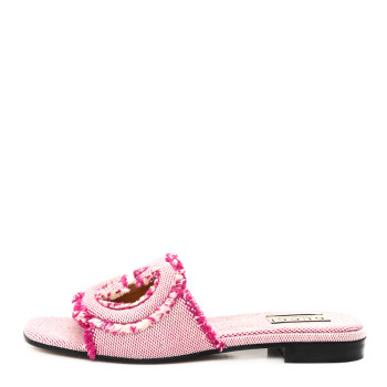 GUCCI Fringed Canvas Interlocking G Cut Out Slide Sandals 37 Princess Fuxia Natural