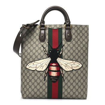 GUCCI GG Supreme Monogram Web Animalier Bee Vertical Tote Brown