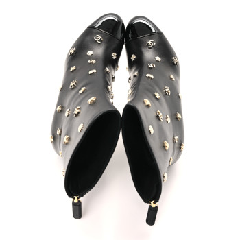 CHANEL Lambskin Patent Cap Toe Charms Ankle Booties 38 Black