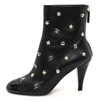 CHANEL Lambskin Patent Cap Toe Charms Ankle Booties 38 Black