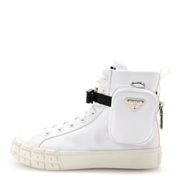 PRADA Re-Nylon Gabardine Metal Triangle Logo Wheel Pouch Pocket High Top Sneakers 36 White