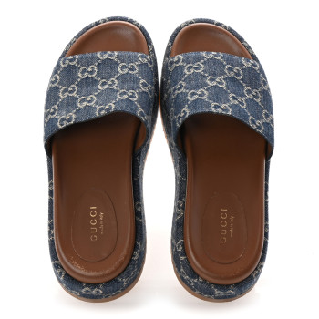 GUCCI Jacquard Black Denim GG Monogram Angelina Platform 55mm Slide Sandals 37 Blue Tea