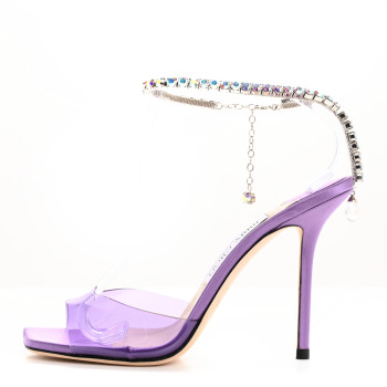 JIMMY CHOO Satin PVC Crystal Saeda 100 Sandals 38 Wisteria