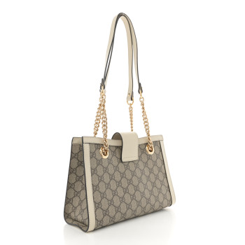 GUCCI GG Supreme Monogram Moon Calfskin Small Padlock Tote Beige Ebony Mystic White