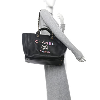CHANEL Calfskin Medium Deauville Tote Black Multicolor