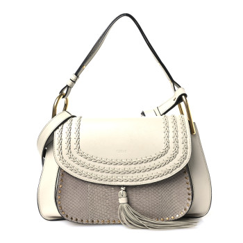 CHLOE Calfskin Snakeskin Braided Medium Hudson Double Carry Shoulder Bag Beige