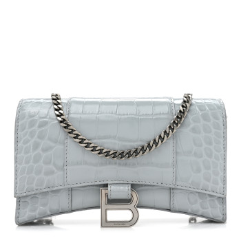 BALENCIAGA Shiny Calfskin Crocodile Embossed Hourglass Chain Bag Ash Blue