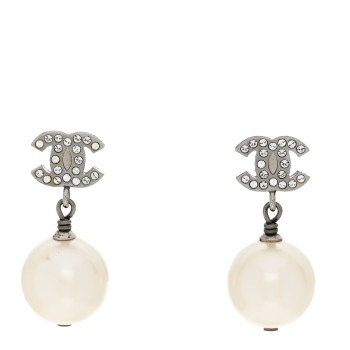 CHANEL Crystal Pearl CC Drop Earrings Silver Pearly White
