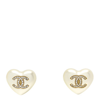 CHANEL Pearl Crystal CC Heart Earrings Gold