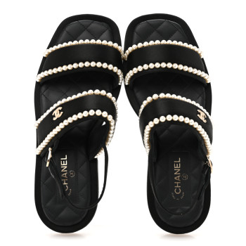 CHANEL Satin Pearl Quilted Flat Sandals 36.5 Black
