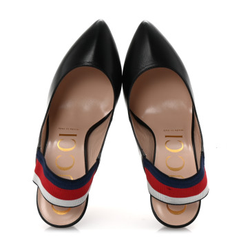 GUCCI Malaga Kid Web Sylvie High Heel Slingback Pumps 37.5 Black