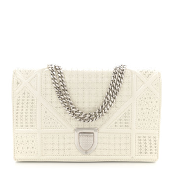 CHRISTIAN DIOR Patent Micro-Cannage Diorama Wallet on Chain Pouch White