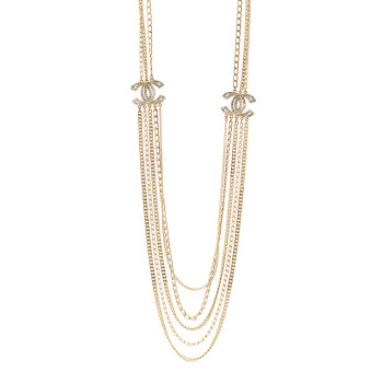 CHANEL Multi Strand Chain Baguette Crystal CC Necklace Gold