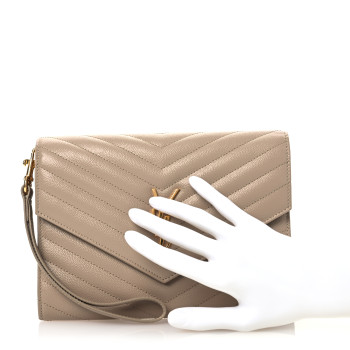 SAINT LAURENT Grain De Poudre Matelasse Chevron Monogram Envelope Clutch Dark Beige