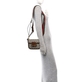GUCCI GG Supreme Monogram Web Mini Horsebit 1955 Shoulder Bag Beige Brown Sugar