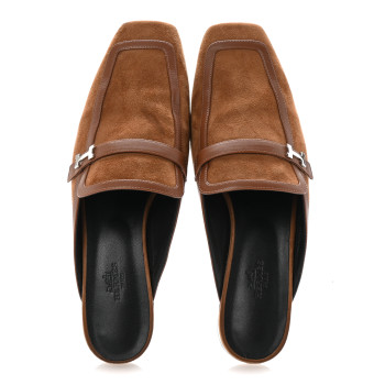 HERMES Suede Goatskin Groupie Mules 40 Brun Amourette