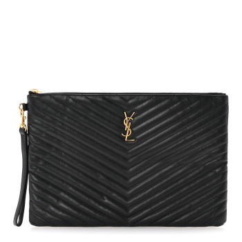 SAINT LAURENT Calfskin Matelasse Chevron Monogram Document Holder Black
