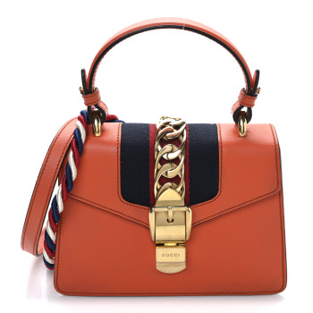 GUCCI Vitello Fontanella Web Mini Sylvie Top Handle Bag Orange