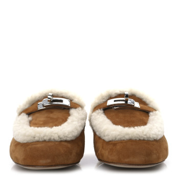 HERMES Suede Goatskin Shearling Womens Oz Mules 37 Natural Ecru