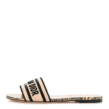 CHRISTIAN DIOR Straw Embroidered Dway Flat Slide Sandals 41 Natural Black