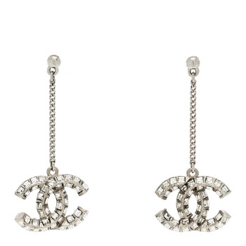 CHANEL Baguette Crystal CC Drop Earrings Silver