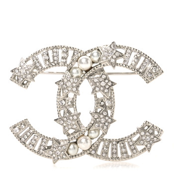 CHANEL Crystal Pearl CC Star Coco Flapper Brooch Silver