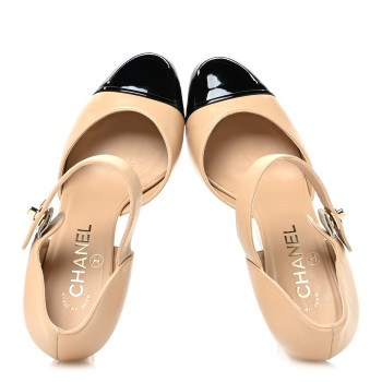 CHANEL Lambskin Patent Cap Toe Mary Jane Wedge Pumps 38.5 Beige Black