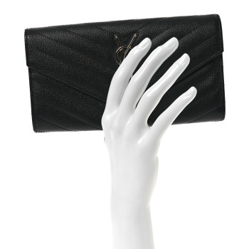 SAINT LAURENT Grain De Poudre Matelasse Chevron Monogram Flap Wallet Black